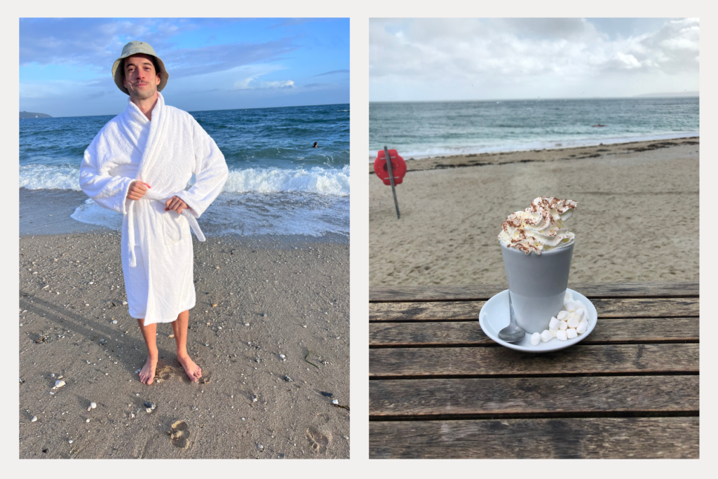 Left: Just before I took a dip in the FREEZING British sea. Right: A well-deserved hot chocolate from the Gyllyngvase beach cafe, after taking a dip in the FREEZING British sea.