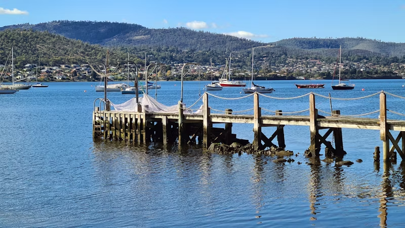 Short wooden pier piercing the water, with boats on the deep end of the bay with hills and forests in the background.
