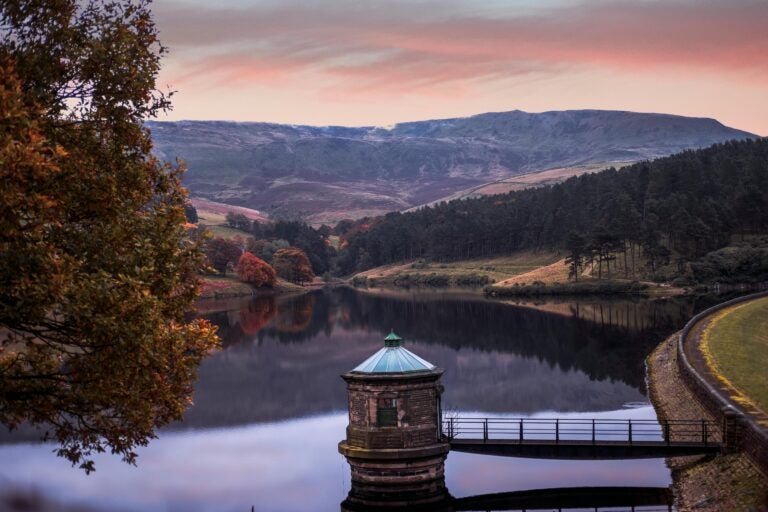 A scenic lake surrounded by autumn colors in Castleton, England.