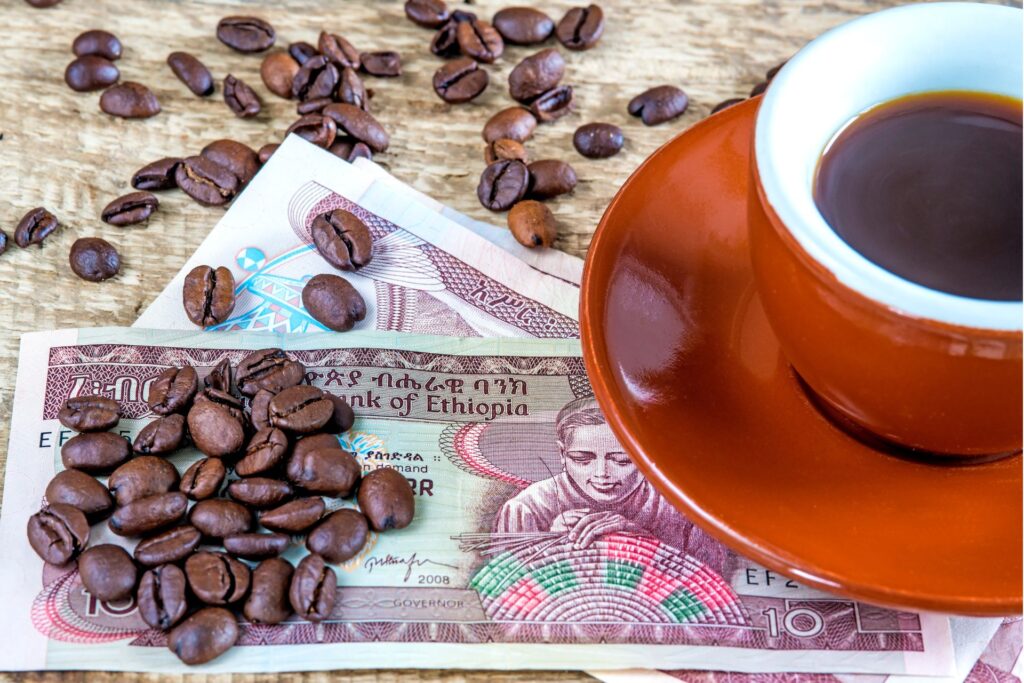 Coffee beans on top of an Ethiopian bank note