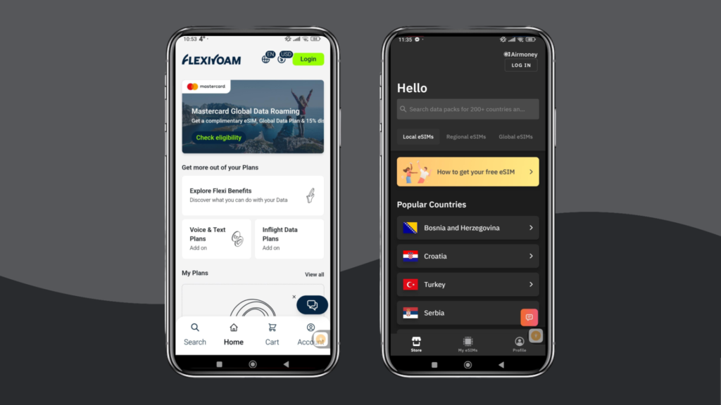 Two smartphones side by side showcasing the home screen of the Flexiroam and Airalo mobile apps. 