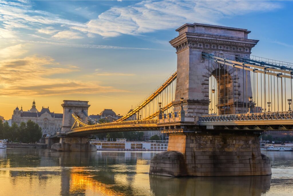 Dusk shot of Chain Bridge, Budapest, Hungary.