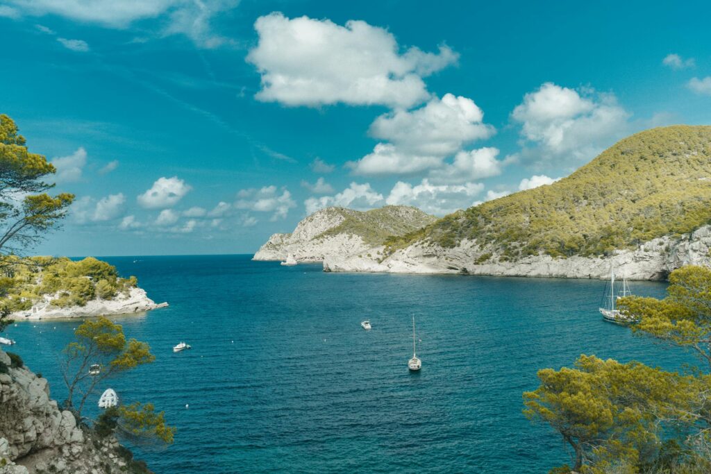 A bay in Ibiza, hugged by green hills and rocky shores, with yachts and boats sailing on a sunny day.
