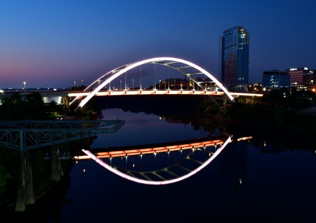 A view of the Cumberland River and Korean War Veterans Bridge in Downtown Nashville