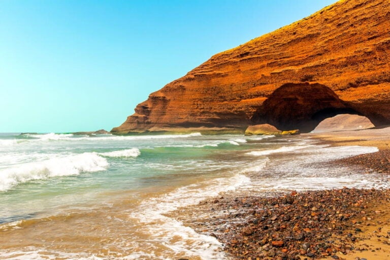 legzira beach in morocco with famous stone arch