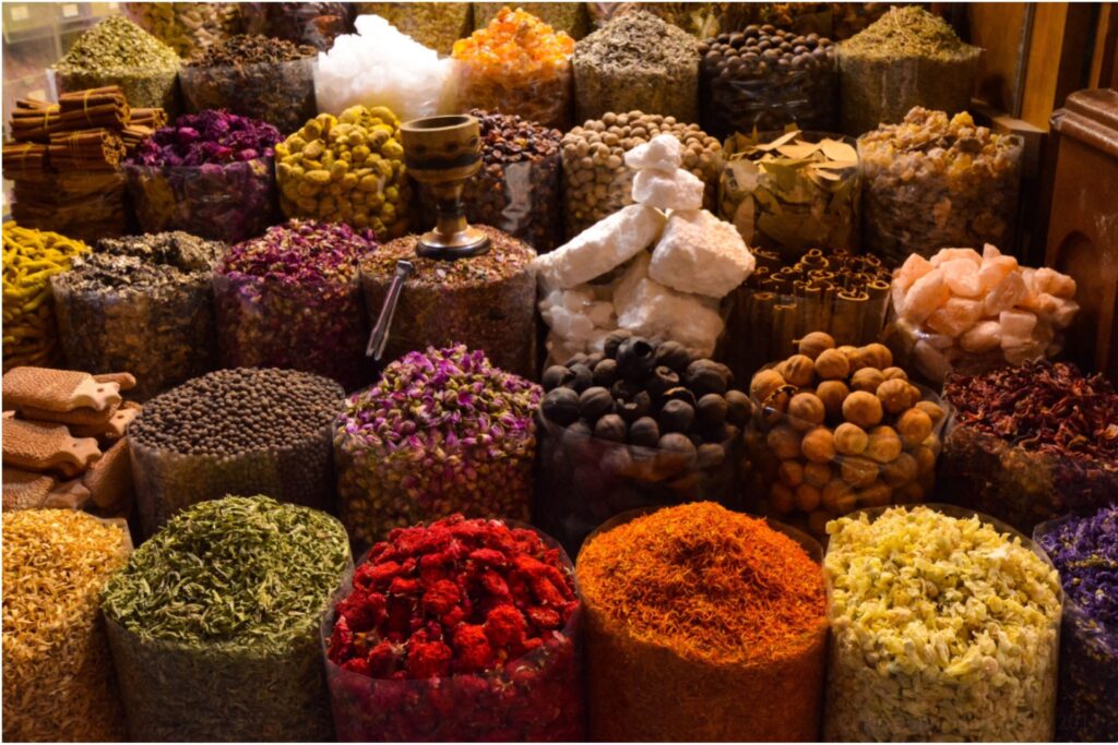 Piles of spices in the souks of Morocco