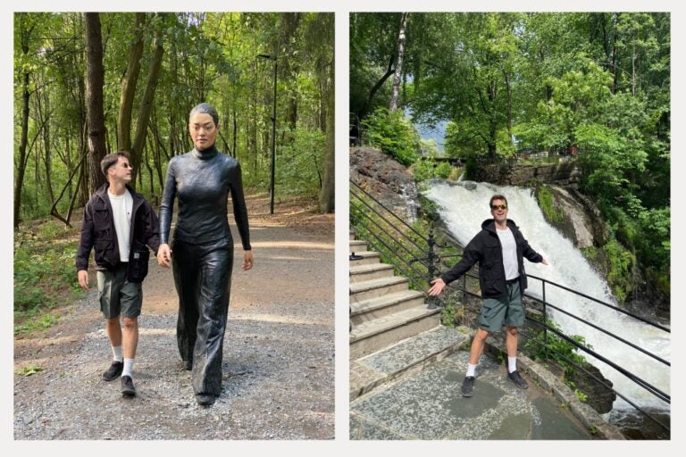 Left: Hanging out with my new friend at Ekebergparken. Right: Walking with coffee in my step along the Akerselva River.