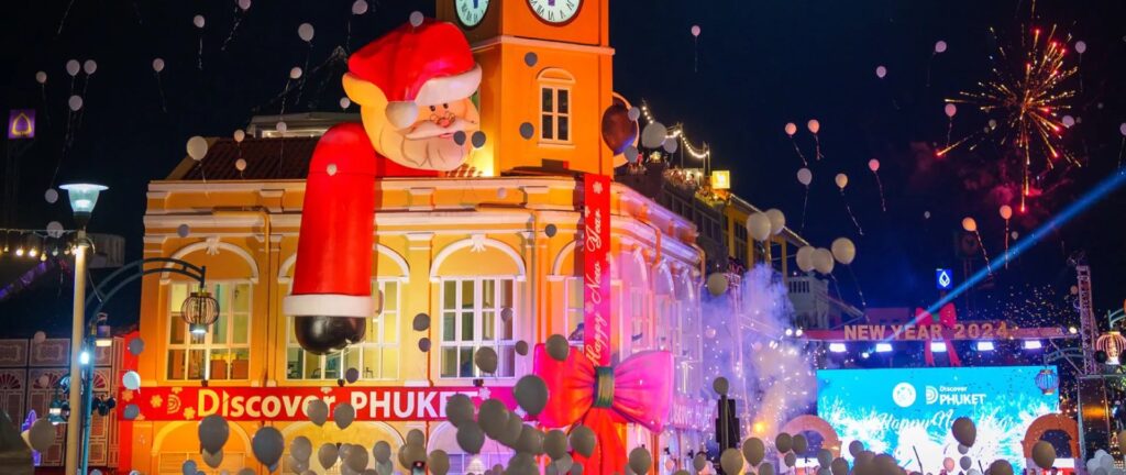 Festive cheer takes over Phuket Old Town with giant Santa decorations and New Year celebrations. 