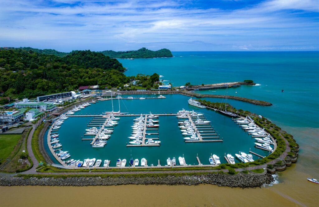 An aerial view of yachts docked in Quepos, Puntarenas.
