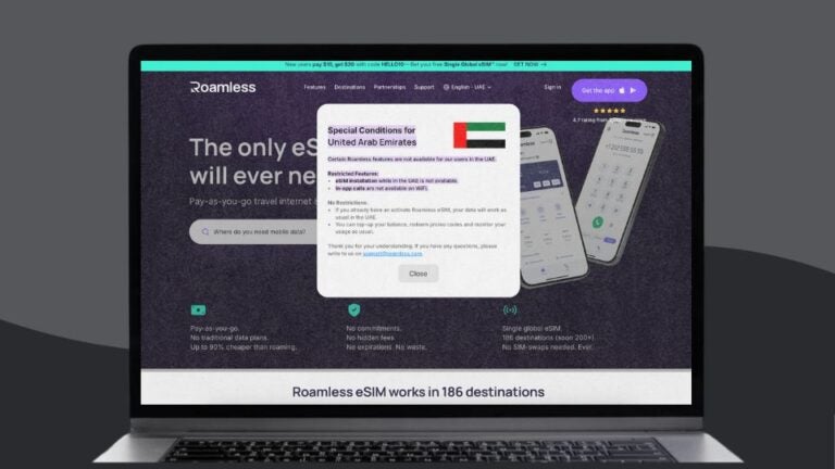 A screenshot of Romaless eSIM for UAE as seen from a laptop.