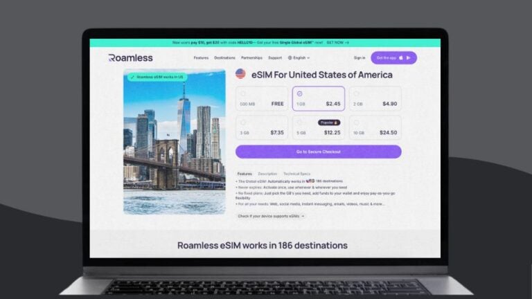 A screenshot of Romaless eSIM for USA, featuring pricing and technical specs.