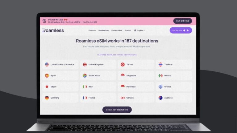 Screenshot of Roamless homepage displaying various destinations where Roamless eSIMs are available.