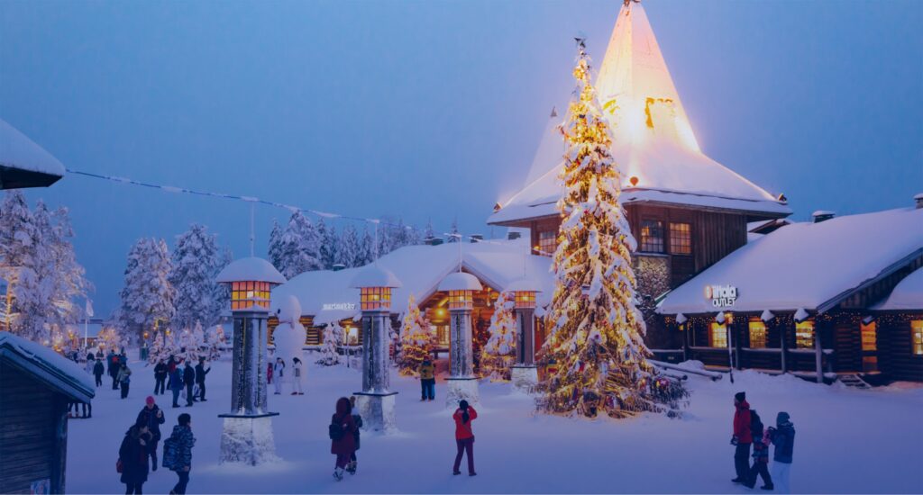 A magical evening at Santa Claus Village in snowy Lapland, Finland.