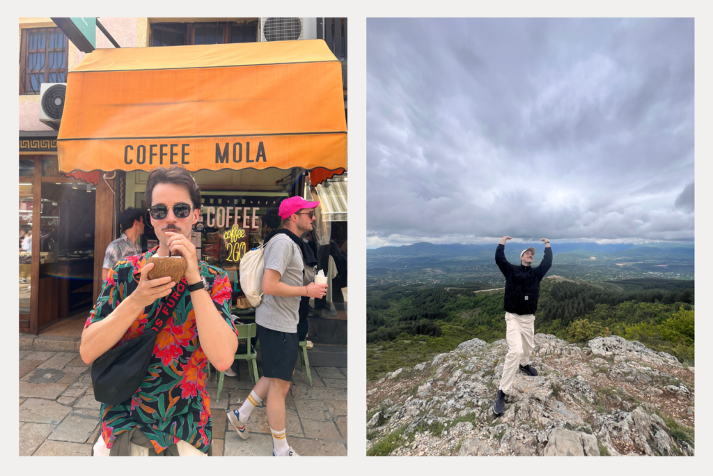 Left: Yours truly, enjoying a coffee at Mola Cafe. Right: Me again, on the top of Mount Vodno in Skopje. 