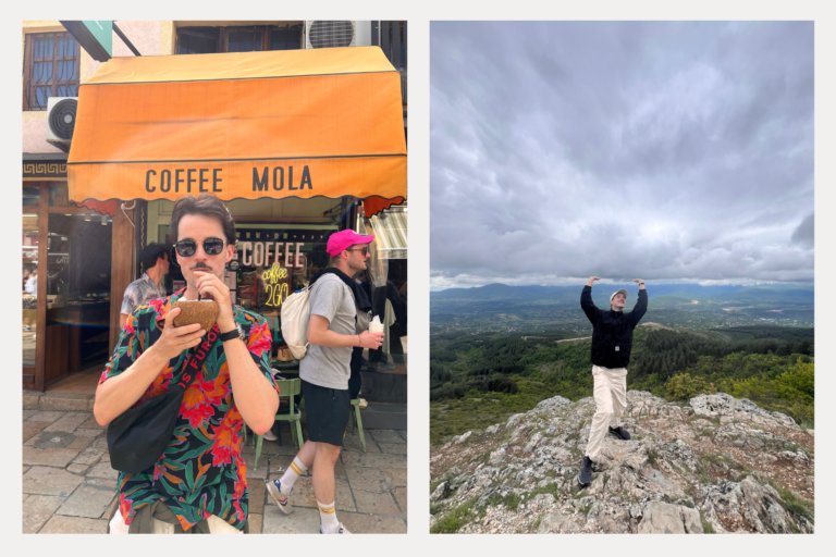 Left: Yours truly, enjoying a coffee at Mola Cafe. Right: Me again, on the top of Mount Vodno in Skopje.