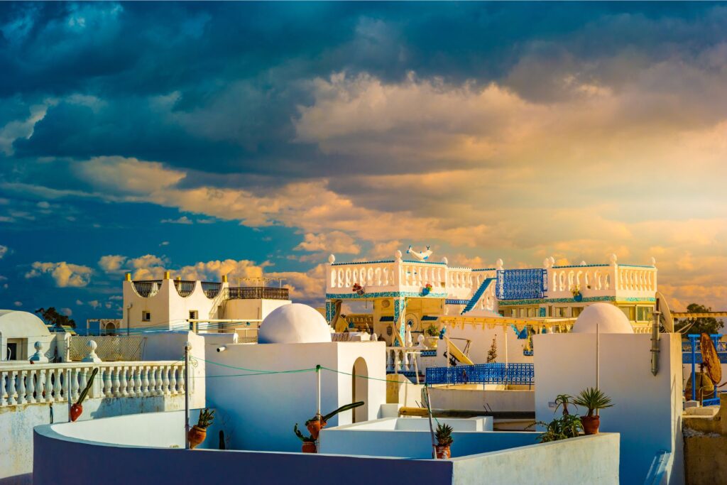 The beach town of Hammamet and cloudy sky.