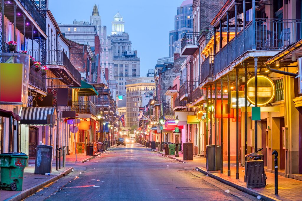 Evening shot of Bourbon Street, New Orleans, Louisiana.