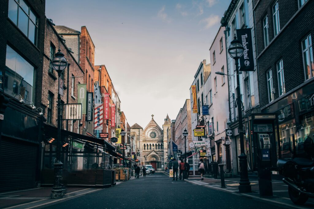 View of Anne Street, Dublin, Ireland at dusk