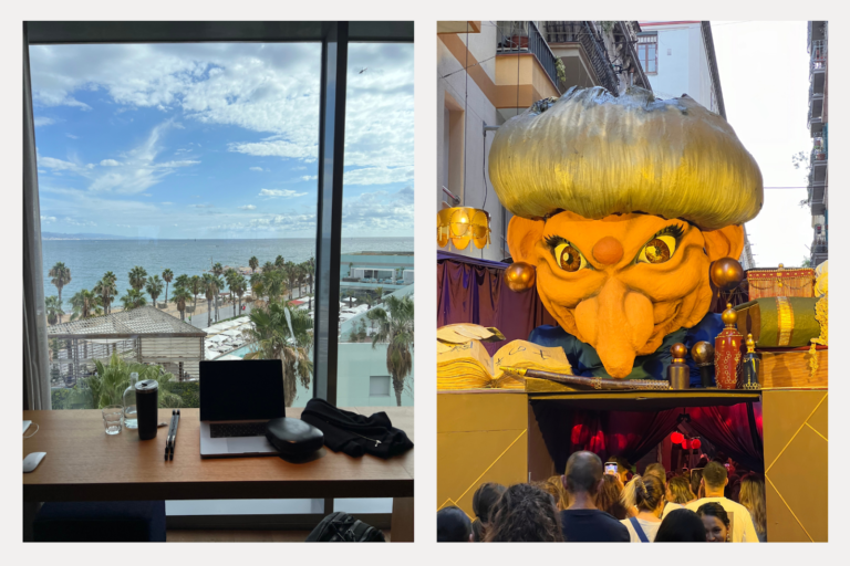 You’ll find inspiration around every corner in Barcelona. Left: The view from one of my coworking spaces, in La Barceloneta. Right: A Studio Ghibli-themed street during Fiestas de Gracia.