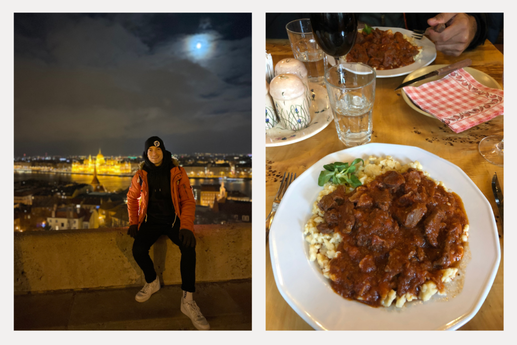 Left: One of the many great views in Budapest. Right: A typical Hungarian dish of meat and dumplings that I devoured in minutes — with zero shame. 