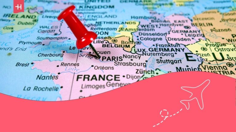 Closeup map of Europe with red tack placed on France.