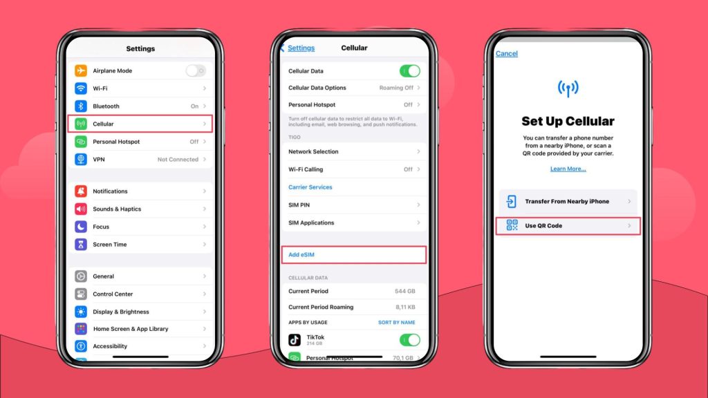 Step-by-step instructions on how to install and activate an eSIM on iOS devices, showcased with phone screenshots side by side.
