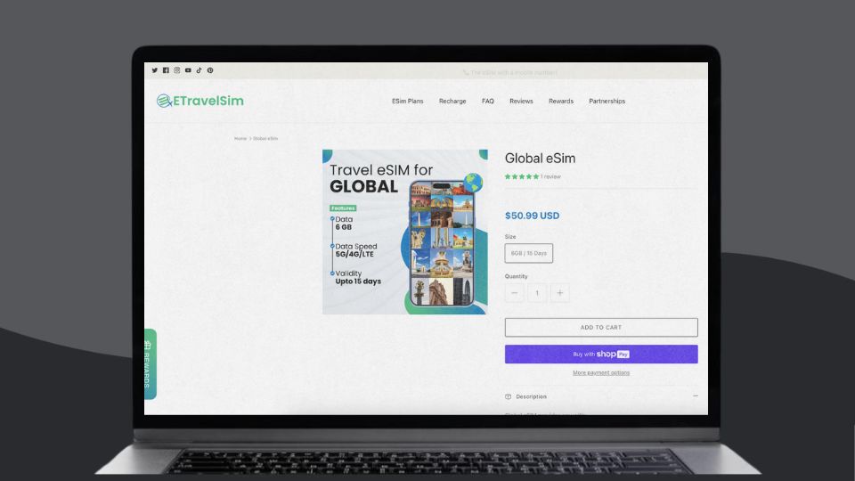 A desktop screenshot of the eTravelSim Global eSIM checkout page, featuring its pricing and technical specs.
