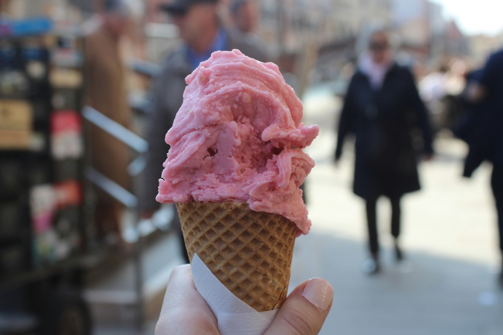 a strawberry gelato cone in Italy