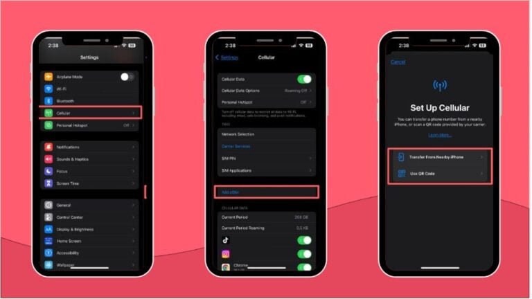 Three mobile screenshots showcasing the steps users need to take to check eSIM compatibility on an iPhone 13.
