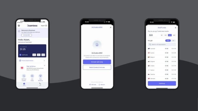 Three side-by-side mobile screenshots showing the eSIM buying process on the Roamless app.