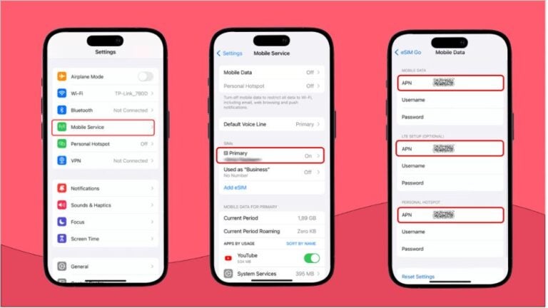 Three mobile screenshots side by side walking the reader through the process of changing their APN settings on an iPhone.