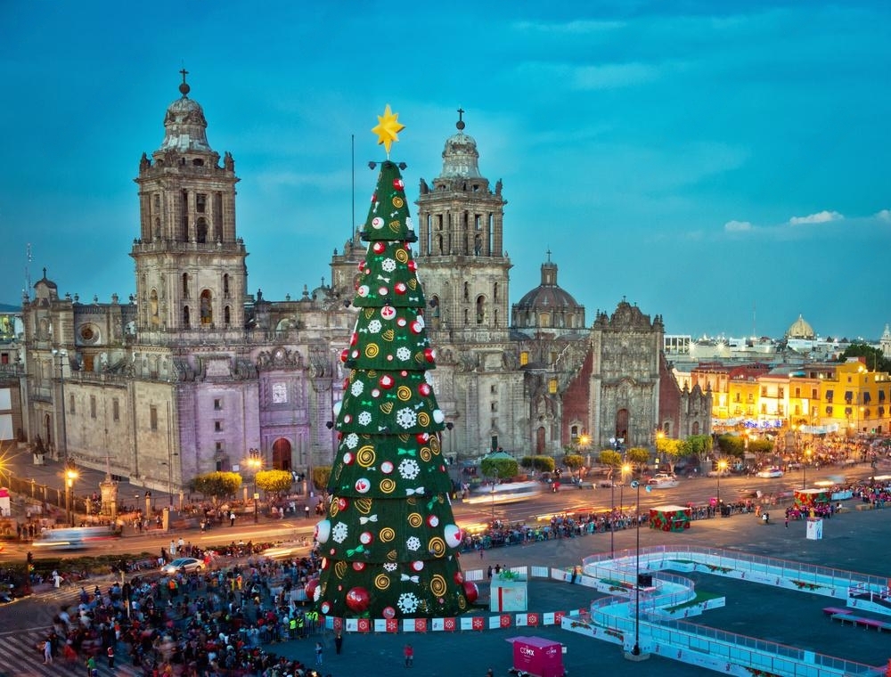 The Zócalo in Mexico City dazzles with a giant Christmas tree and festive cheer during December.