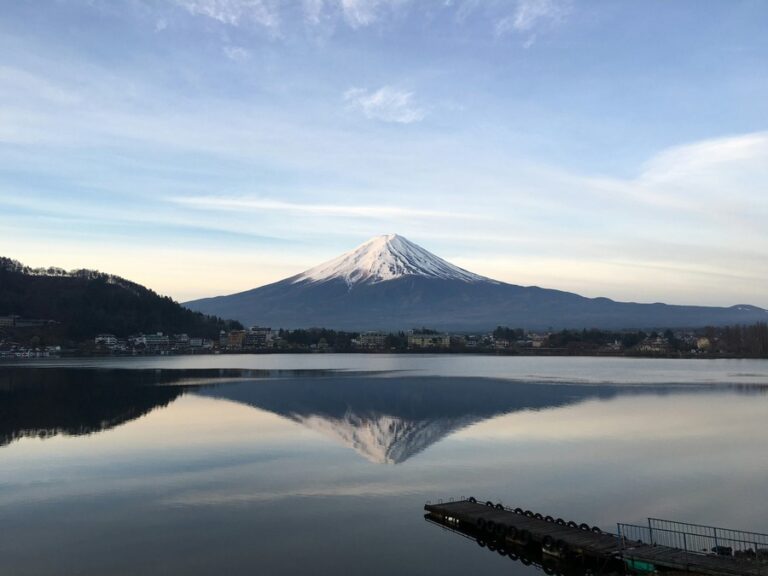 Mount Fuji's snow-capped symmetrical reflection mirrors on the lake below 
