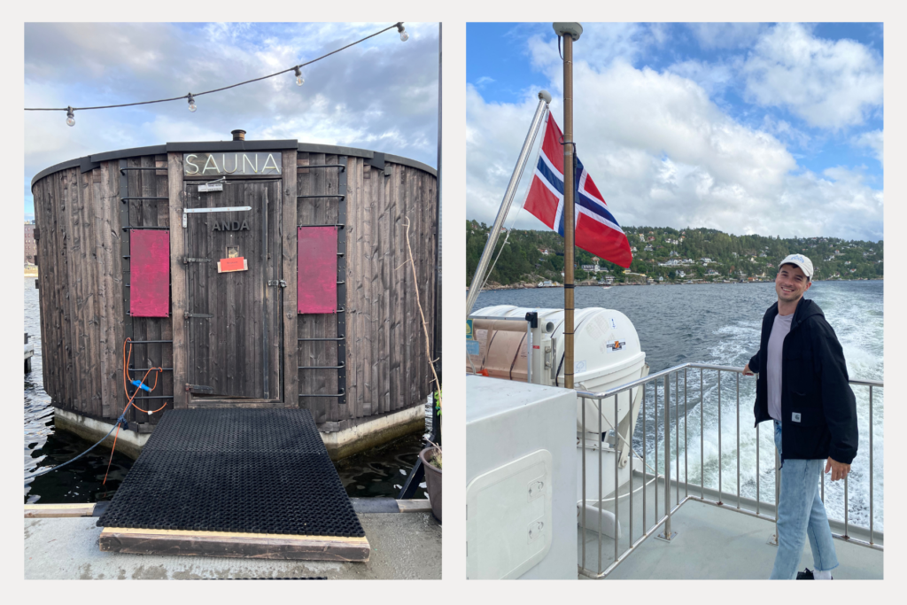 Left: My favorite sauna at Badstuforening Saunas — a must-indulge! Right: Taking a ferry boat across the Fjord and living my Norwegian dream. 