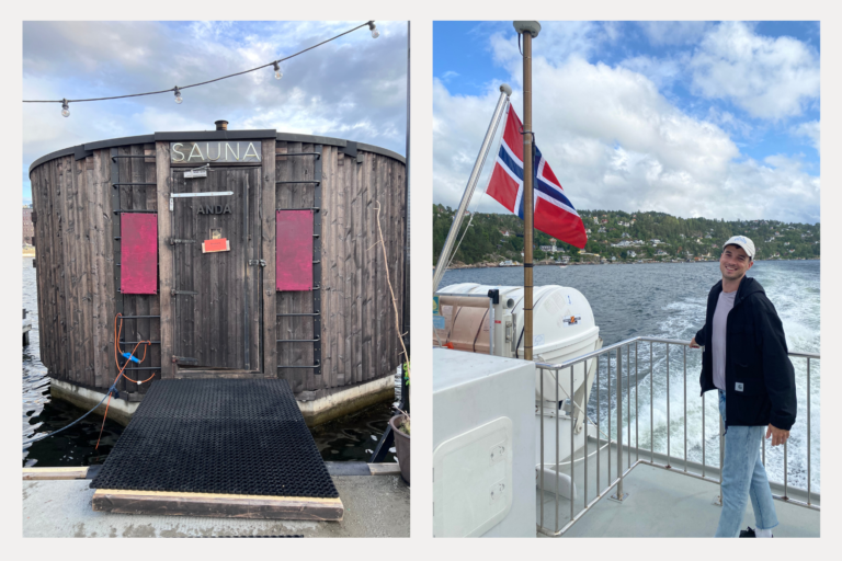 Left: My favorite sauna at Badstuforening Saunas — a must-indulge! Right: Taking a ferry boat across the Fjord and living my Norwegian dream.