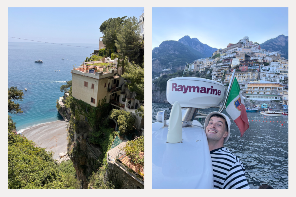 Left: A snap from my way to start the Path of the Gods hike. Right: The end of a boat trip around Positano — if my name’s on the boat, does that make it mine? 