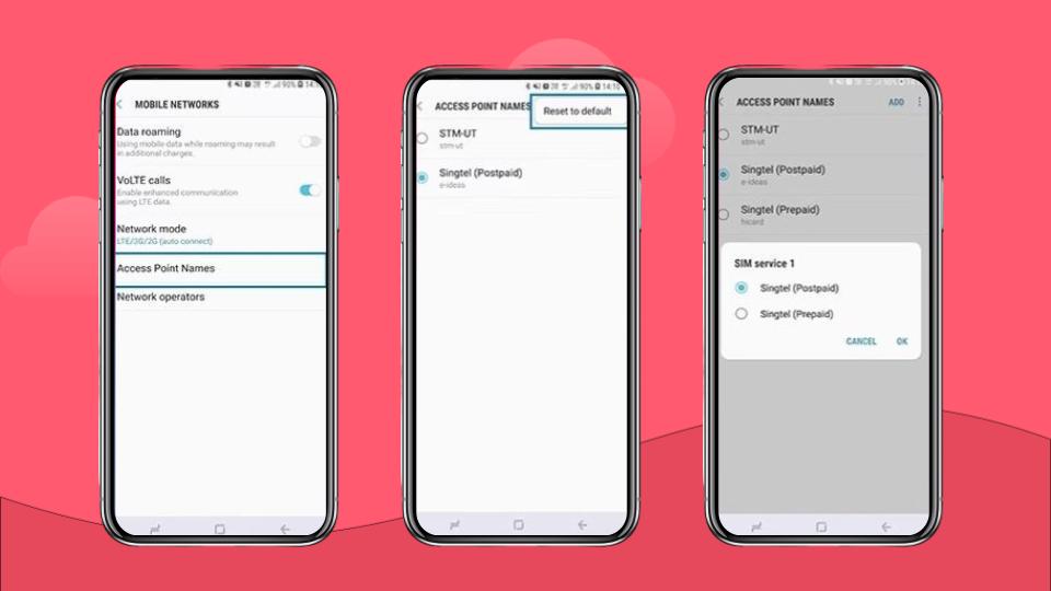 The three steps necessary to activate an eSIM on a Samsung device, displayed through phone screenshots side by side.