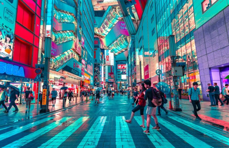 A bright, neon-lit street in Tokyo, Japan