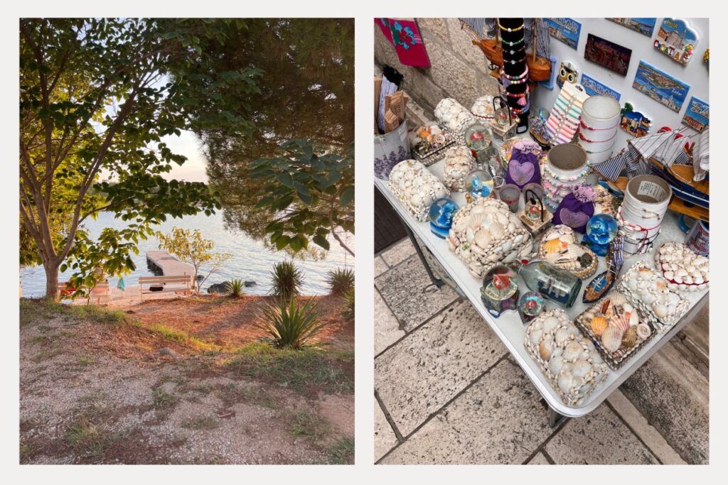 Left: A 3-minute walk from my Airbnb, just out of the city, we had little beaches fit for fairytales. Right: A market stall in the center of Zadar selling the little seashell chests I had as a child! #Nostal-gae-ia