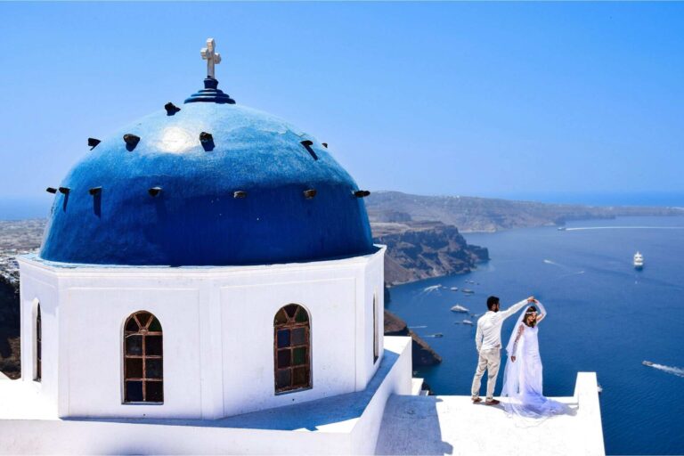 A newlywed couple in Santorini