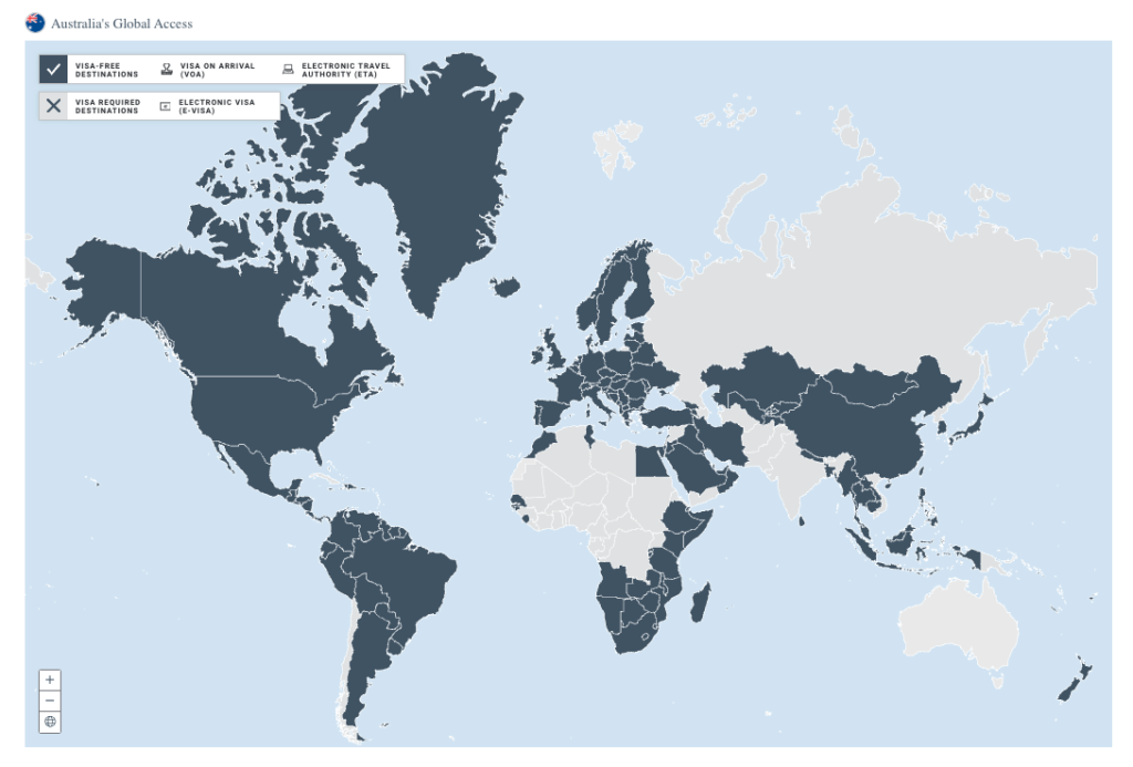 A travel map highlighting the countries and territories that Australian citizens can visit without requiring a visa.