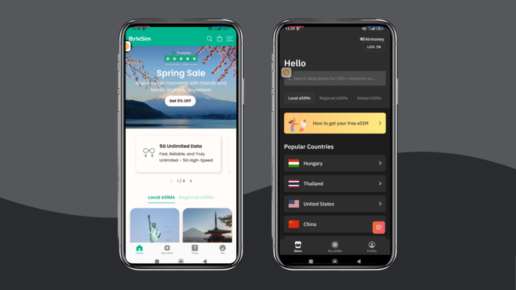 An interface of ByteSim's and Airalo's app side by side