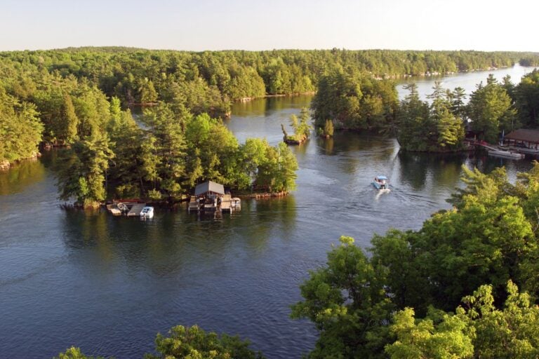 Day time and sunny aerial shot of Thousand Islands.