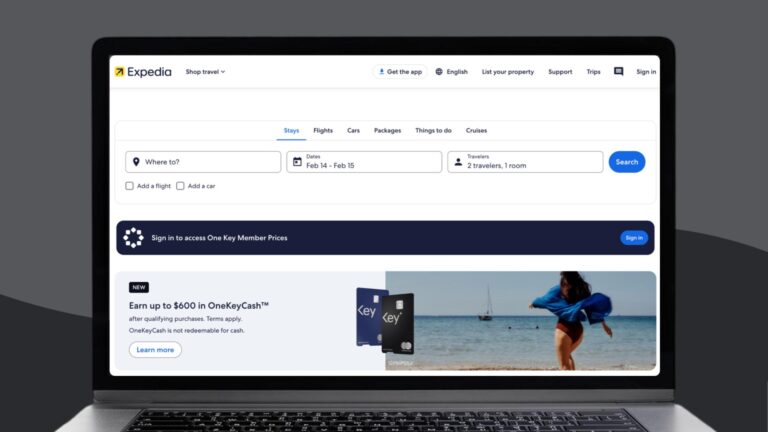 Screenshot of the Expedia website on a laptop