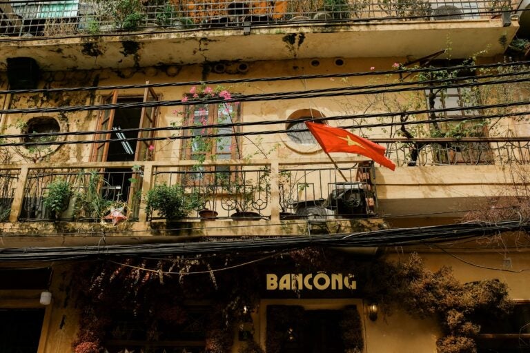 A balcony with old architecture in Hanoi Old Quarter.