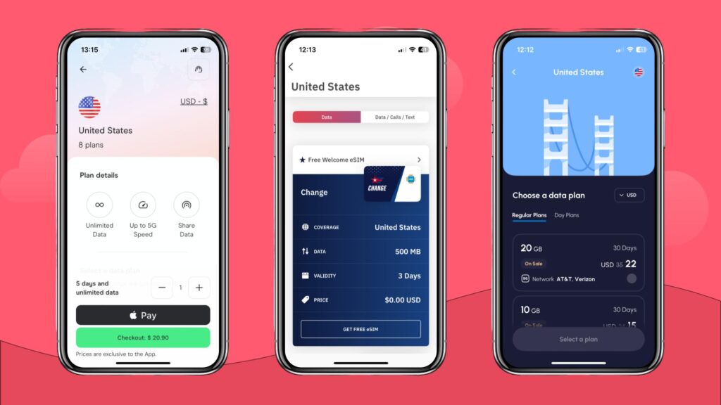 Holafly, Airalo, and Nomad eSIM plans for the USA