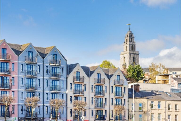 Frontal day shot of buildings in the Irish town of Cork.
