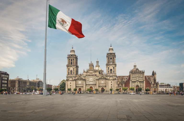 Front day shot of El Zocalo plaza in Mexio City, Mexico. 