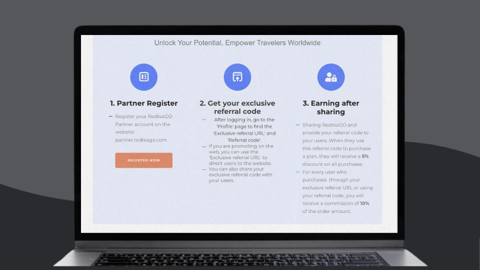 A laptop screen shows RedteaGo's referral program as advertised on their website. The webpage highlights three steps explaining how users can earn rewards by inviting others to use the service.