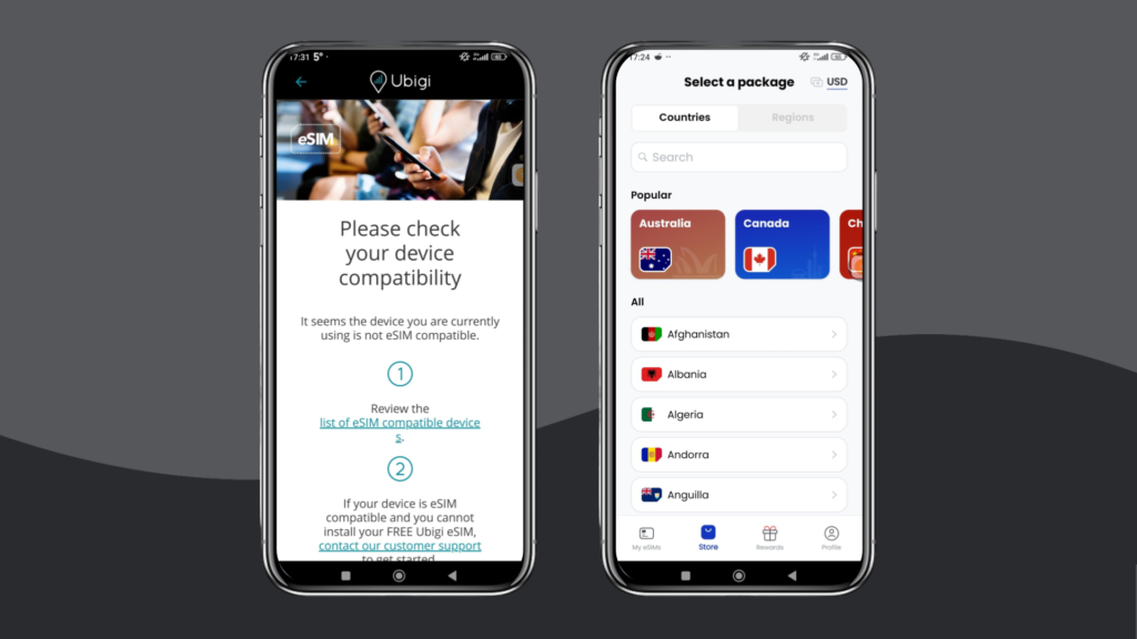 An example of Ubigi and aloSIM apps screenshots side by side